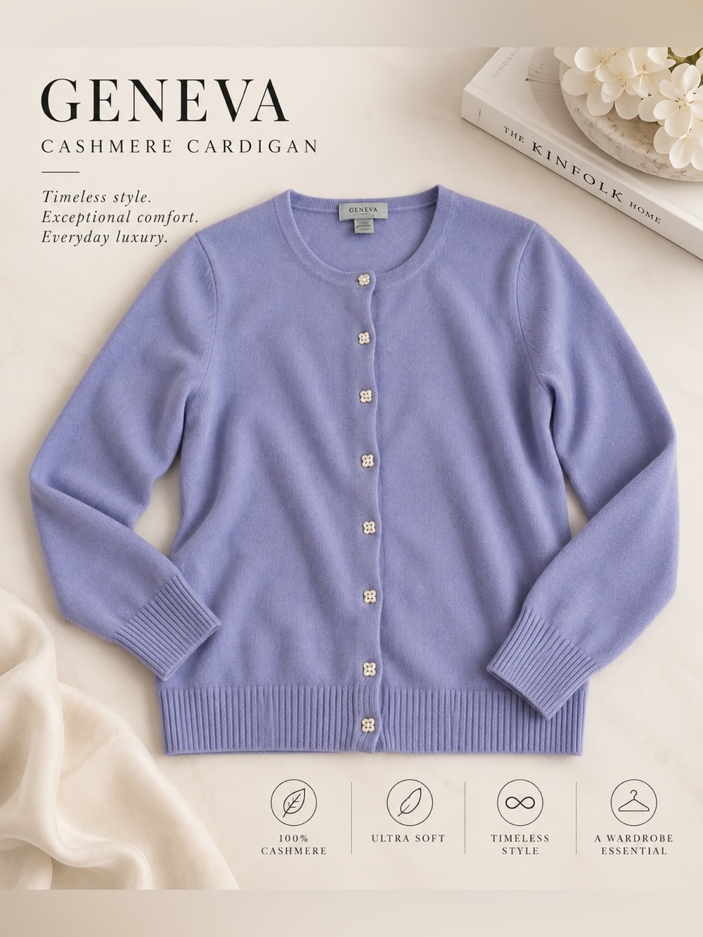 Geneva Lavender Cashmere Crewneck Cardigan
